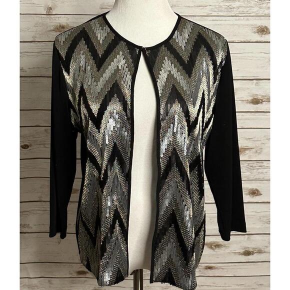 Chico's Jackets & Blazers - Travelers by Chico's black/silver sequin chevron open front jacket Size 2/L/12